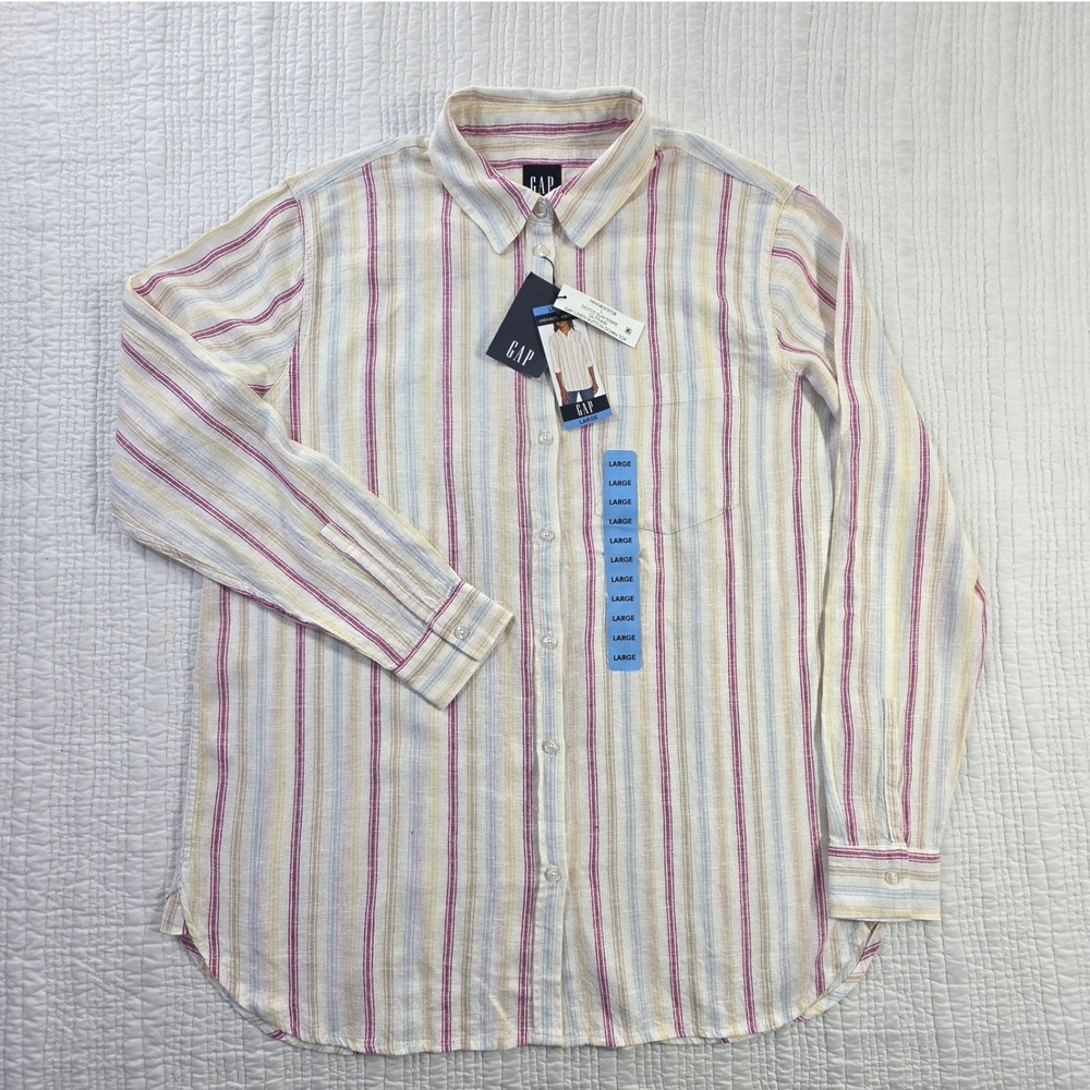GAP NWT Women Linen Blend Striped Button Down Shirt Long Sleeve Multi Color L